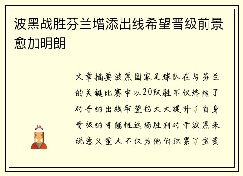 波黑战胜芬兰增添出线希望晋级前景愈加明朗