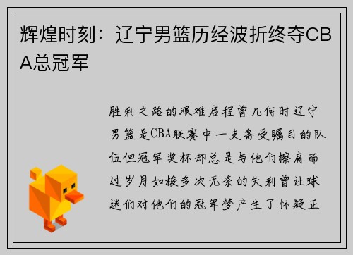 辉煌时刻:辽宁男篮历经波折终夺CBA总冠军
