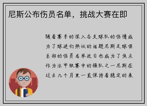 尼斯公布伤员名单,挑战大赛在即