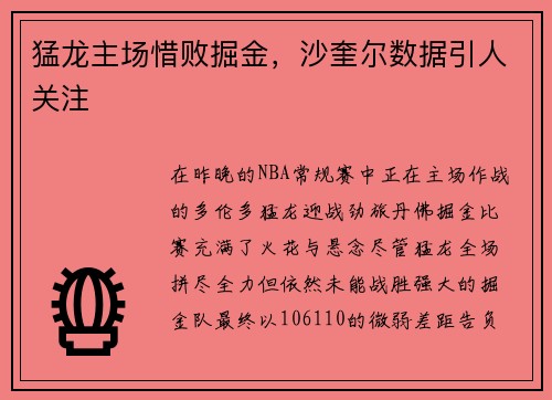 猛龙主场惜败掘金,沙奎尔数据引人关注