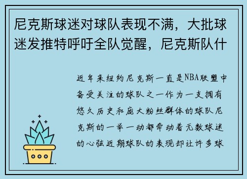 尼克斯球迷对球队表现不满,大批球迷发推特呼吁全队觉醒,尼克斯队什么意思