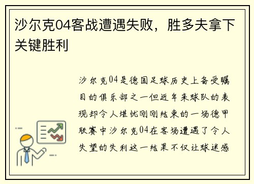 沙尔克04客战遭遇失败,胜多夫拿下关键胜利