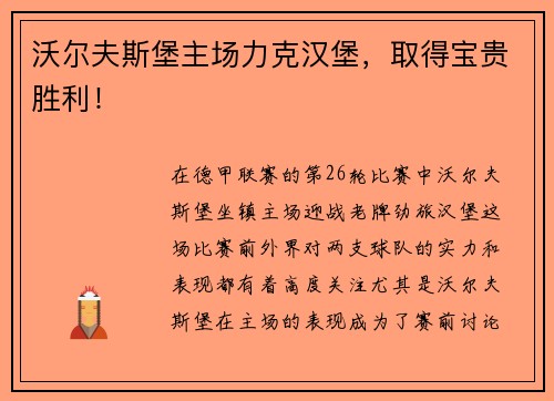 沃尔夫斯堡主场力克汉堡,取得宝贵胜利!