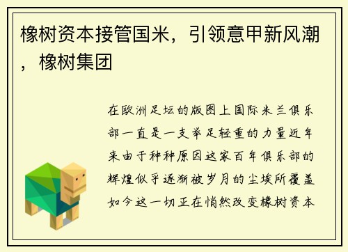 橡树资本接管国米,引领意甲新风潮,橡树集团