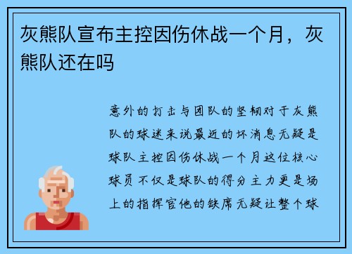 灰熊队宣布主控因伤休战一个月,灰熊队还在吗