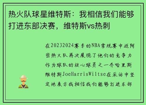 热火队球星维特斯：我相信我们能够打进东部决赛，维特斯vs热刺