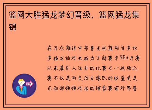 篮网大胜猛龙梦幻晋级,篮网猛龙集锦