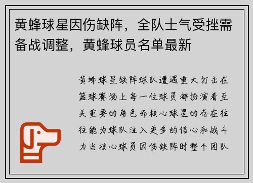 黄蜂球星因伤缺阵,全队士气受挫需备战调整,黄蜂球员名单最新